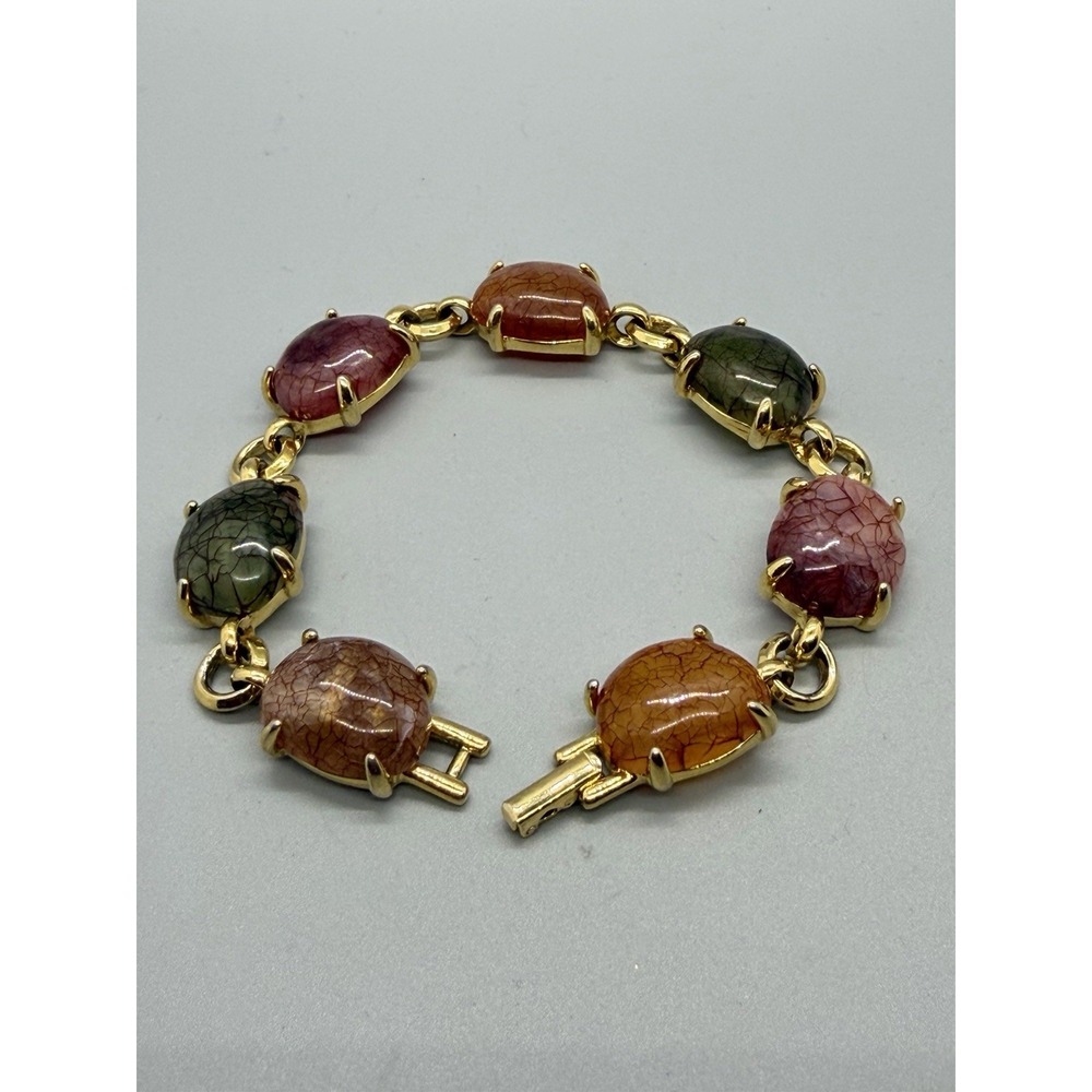 Liz Claiborne Acrylic Bracelet Gold Tone Link Multicolor Cabochon Chunky Vintage - Picture 2 of 13